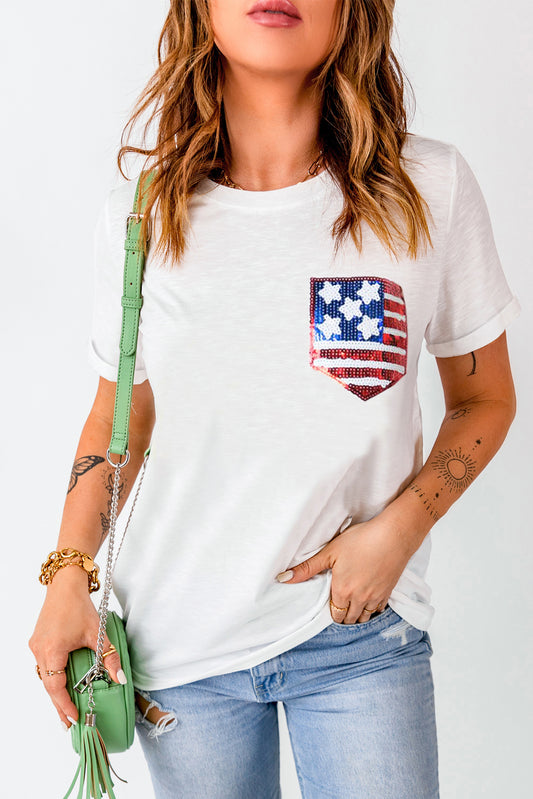 US Flag Round Neck Short Sleeve T-Shirt  Sunset and Swim White S 