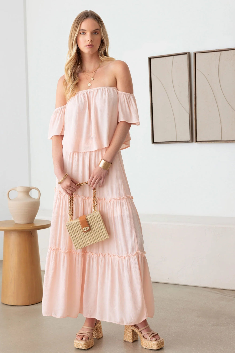 Sunset Vacation Frill Off-Shoulder Tiered Dress Sunset and Swim Blush S 