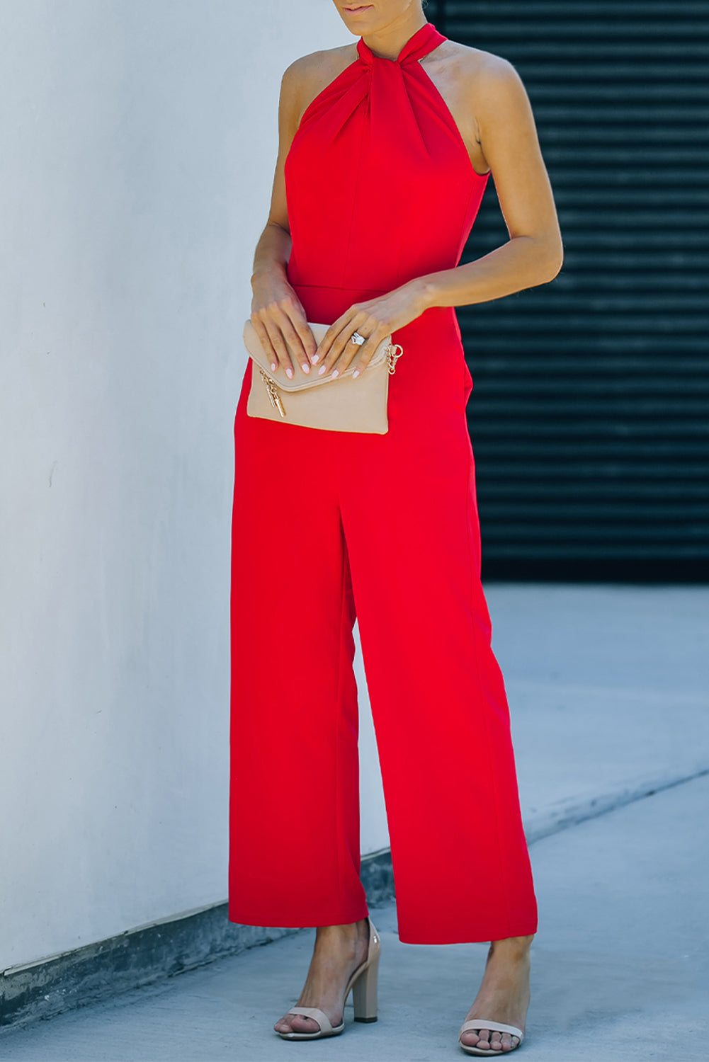 Twisted Grecian Neck Wide Leg Jumpsuit Sunset and Swim Red S 