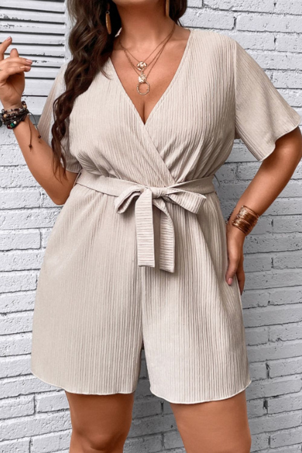 Plus Size Tie Waist Surplice Neck Romper Sunset and Swim Beige 0XL 