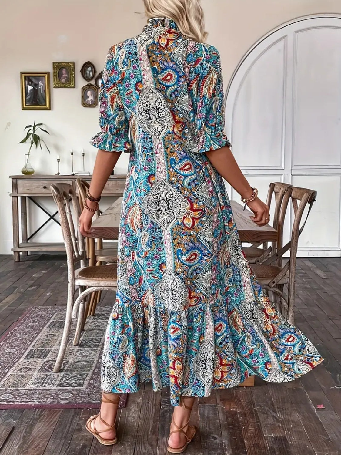 Printed Tie Neck Flounce Sleeve Midi Dress Sunset and Swim   