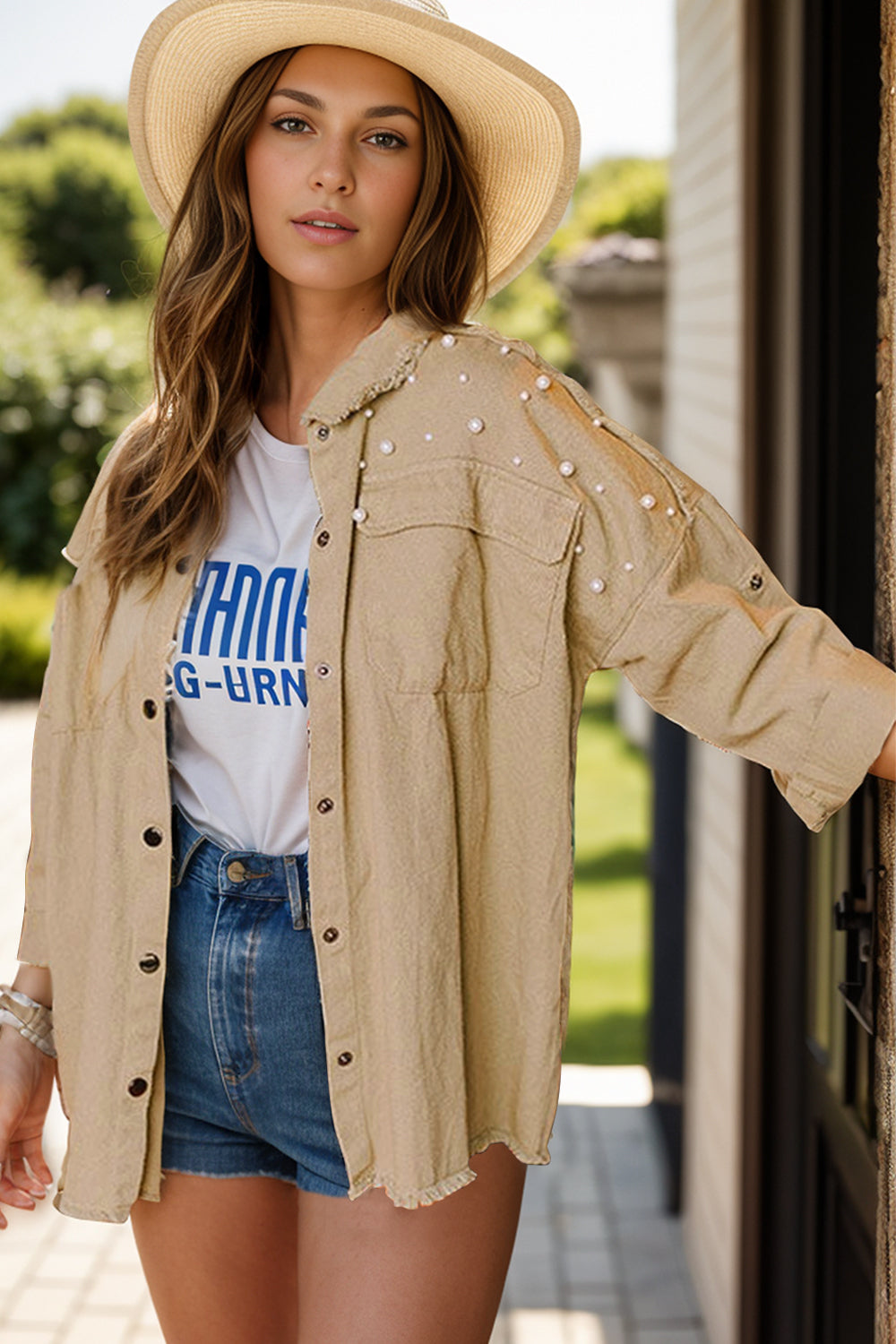 Raw Hem Pearl Trim Dropped Shoulder Denim Jacket Sunset and Swim Tan S 