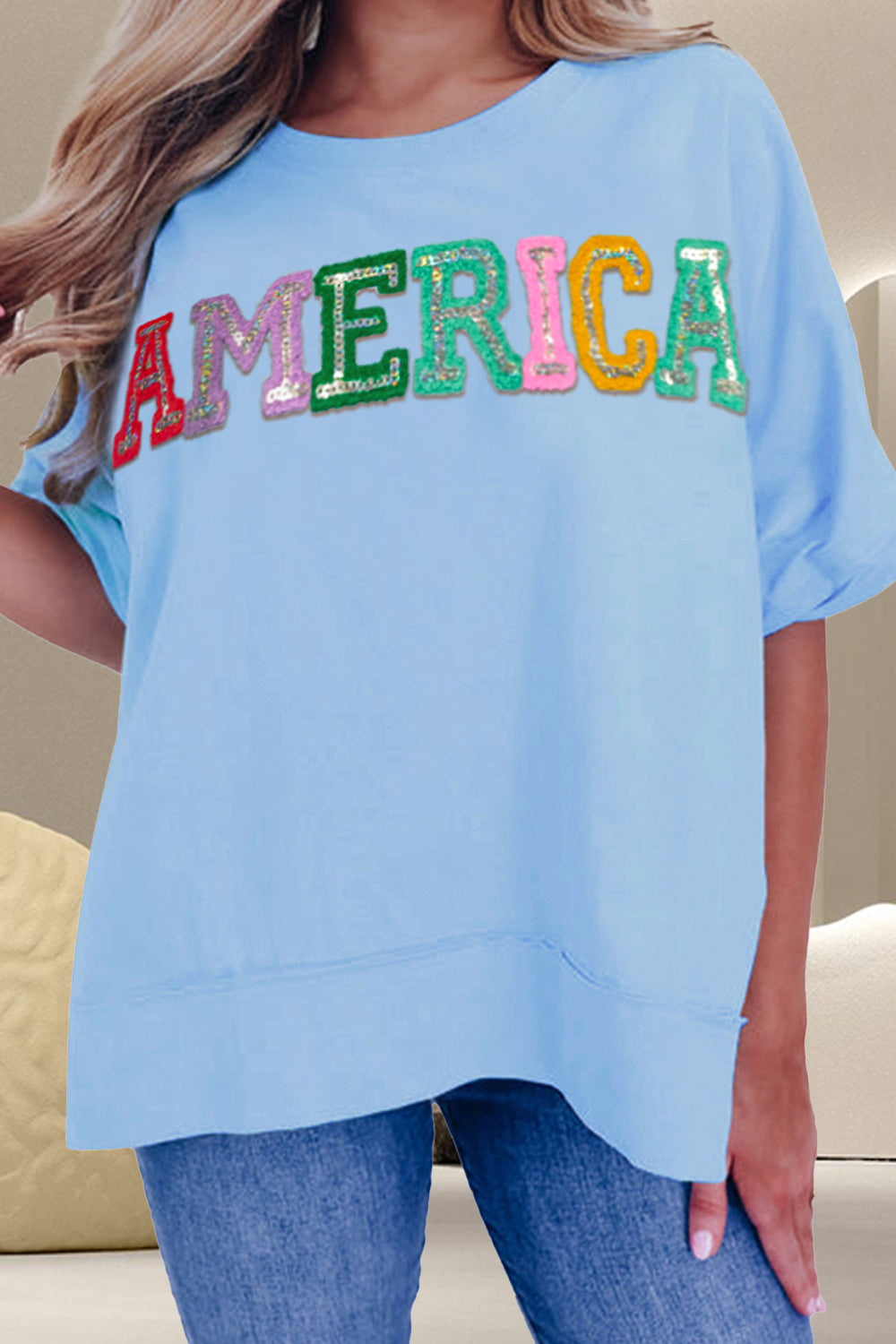 AMERICA Sequin Round Neck Half Sleeve T-Shirt Sunset and Swim Light Blue S 