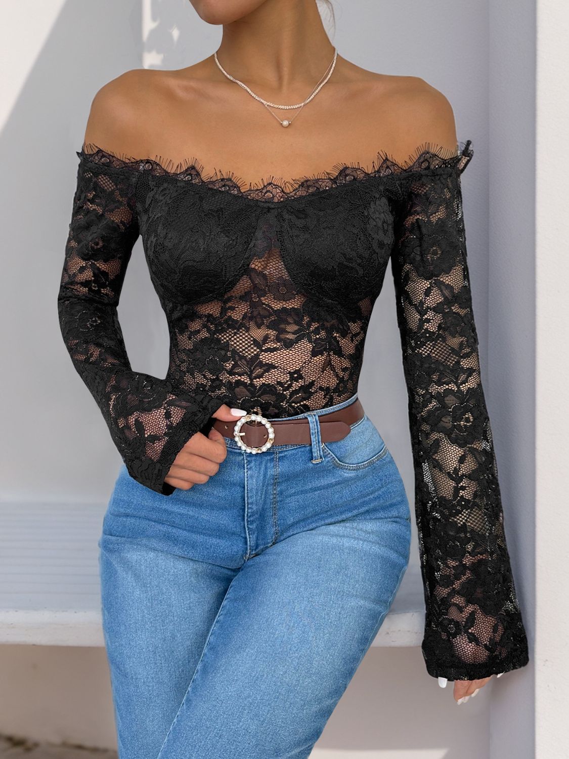 Perfee Lace Off-Shoulder Long Sleeve Bodysuit Sunset and Swim   