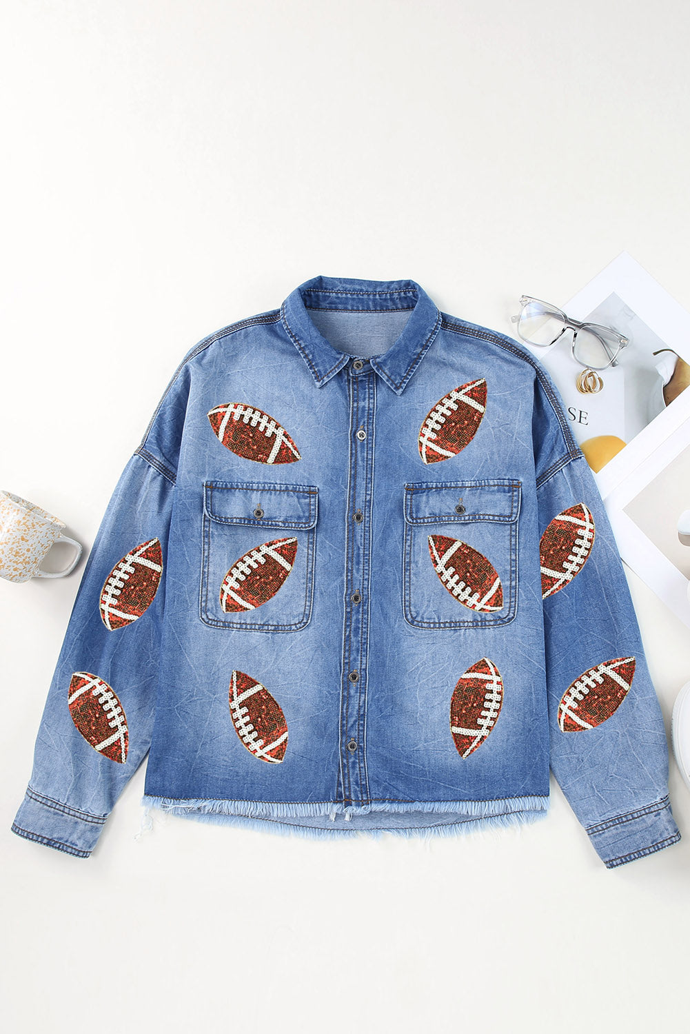 Raw Hem Sequin Football Long Sleeve Denim Jacket Sunset and Swim   