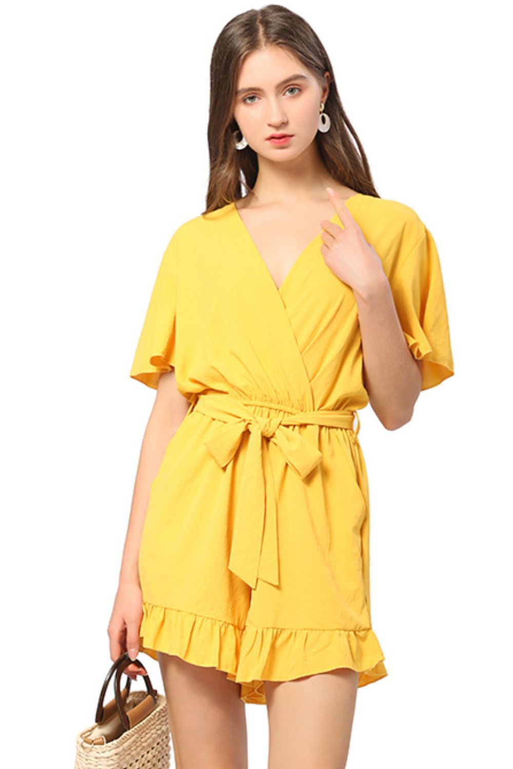 Ruffle Trim Belted Surplice Flutter Sleeve Romper Sunset and Swim   