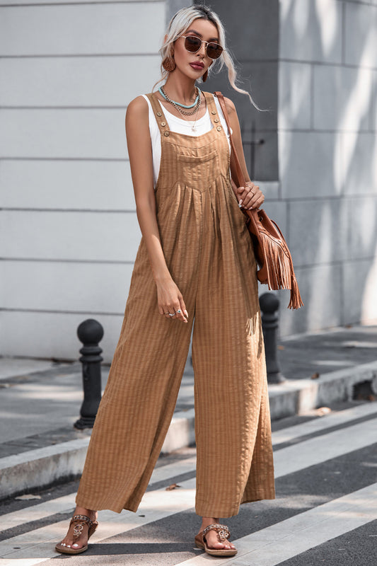 Texture Buttoned Wide Leg Overalls  Sunset and Swim Camel S 