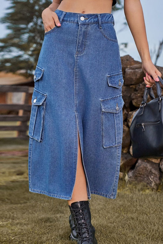 Slit Front Midi Denim Skirt with Pockets  Sunset and Swim Medium S 