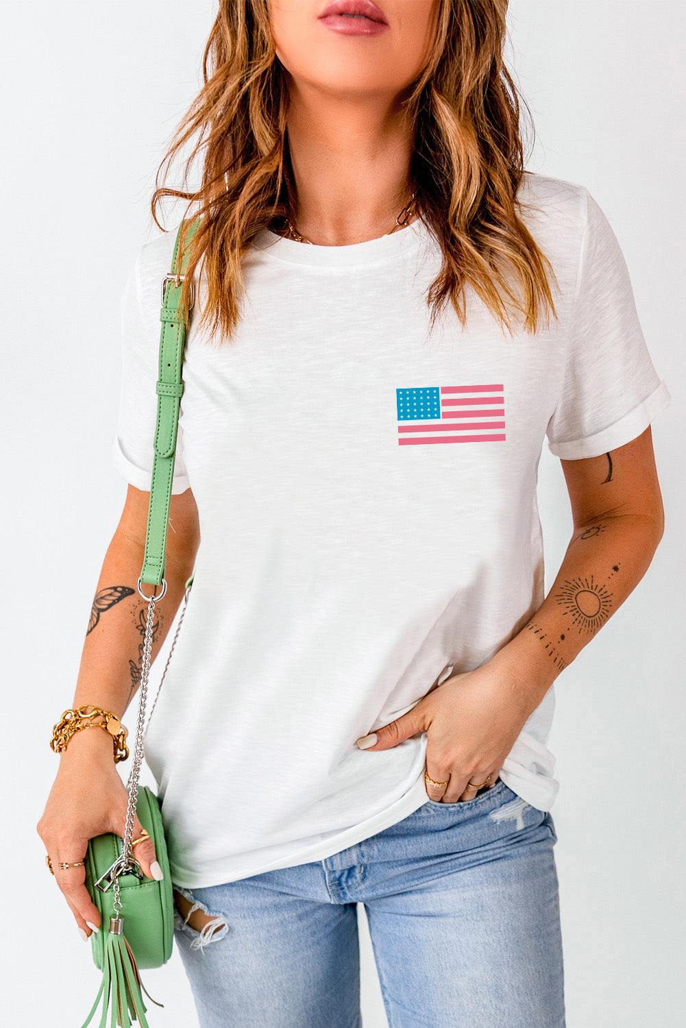 US Flag Round Neck Short Sleeve T-Shirt Sunset and Swim   