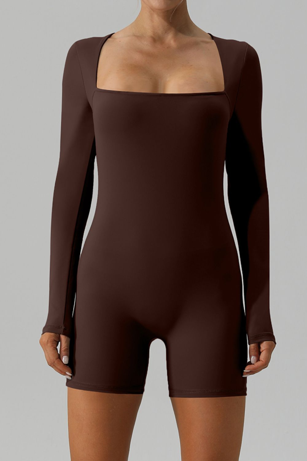 Square Neck Long Sleeve Active Romper Sunset and Swim Chestnut S 