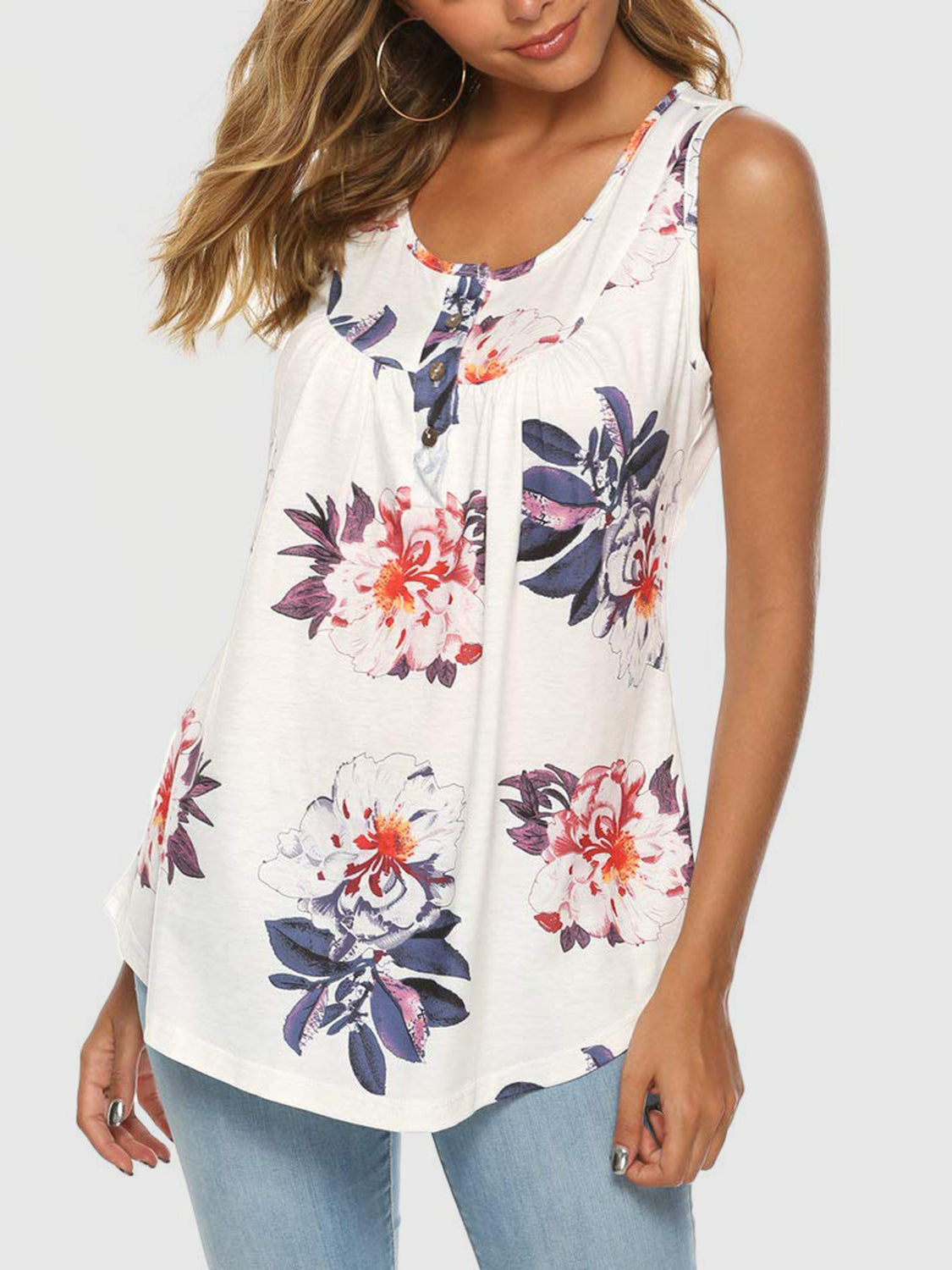 Sunset Vacation Flower Printed Round Neck Tank Sunset and Swim   