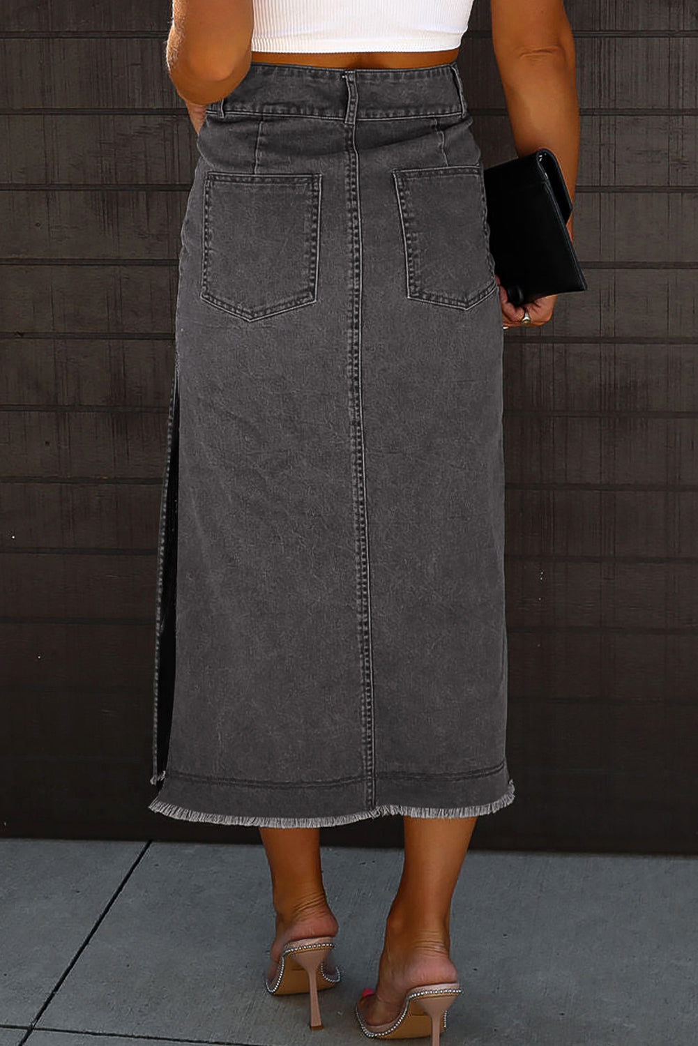 Raw Hem Slit Pocketed Midi Denim Skirt Sunset and Swim   