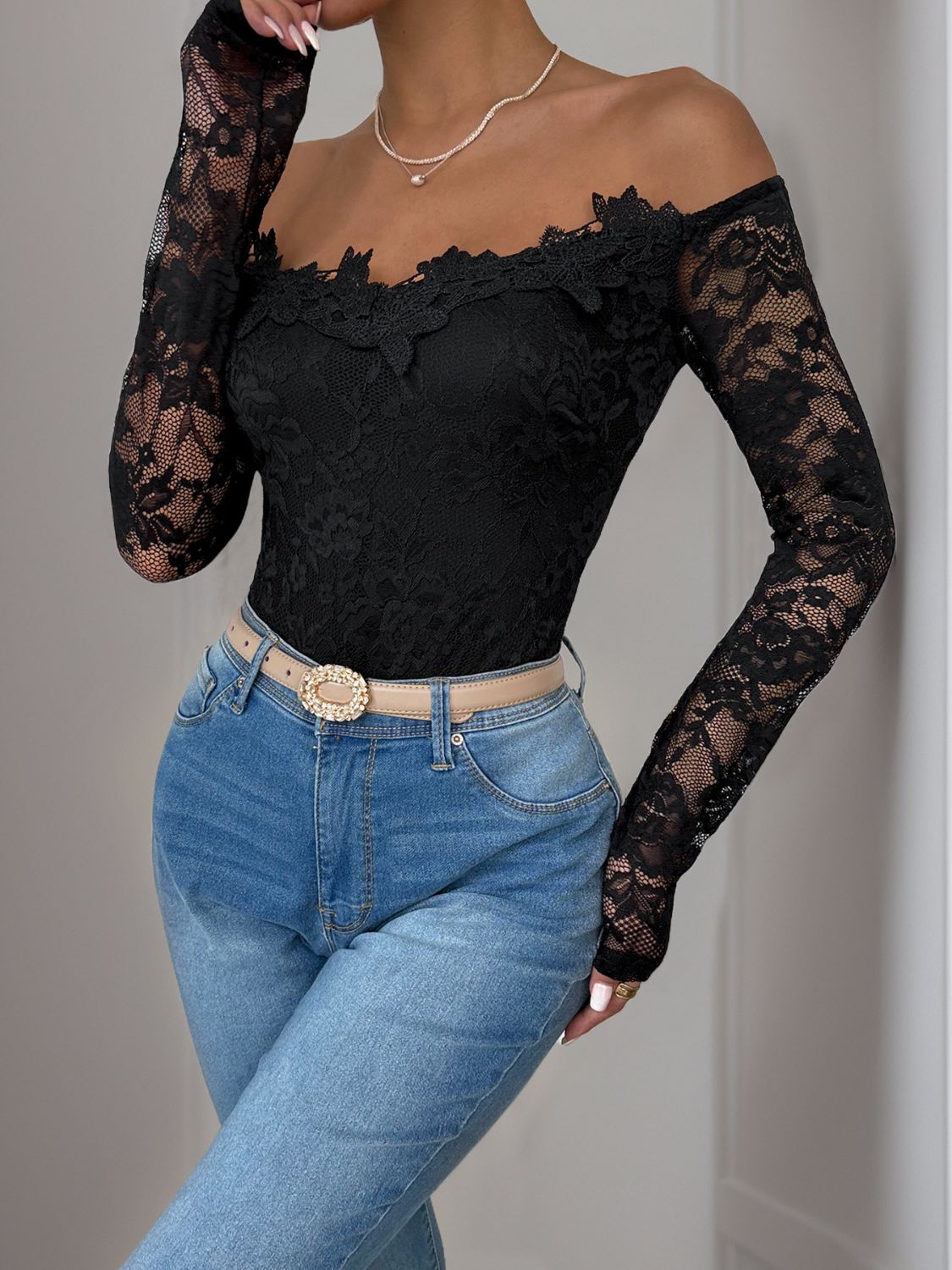 Perfee Lace Off-Shoulder Long Sleeve Bodysuit Sunset and Swim   