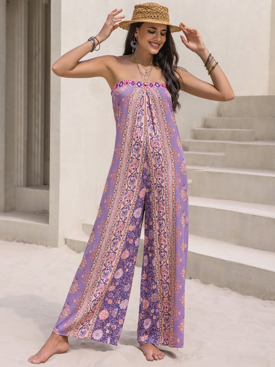 Sunset and Swim  Tied Printed Tube Wide Leg Jumpsuit Sunset and Swim   