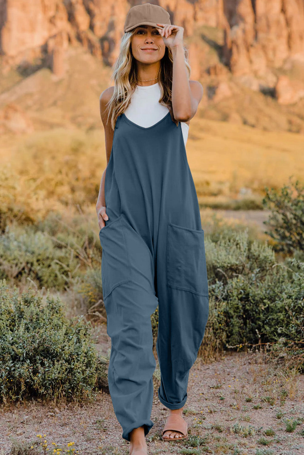 Sunset Vacation  Double Take Plus Size V-Neck Sleeveless Jumpsuit with Pockets  Sunset and Swim Peacock  Blue S 