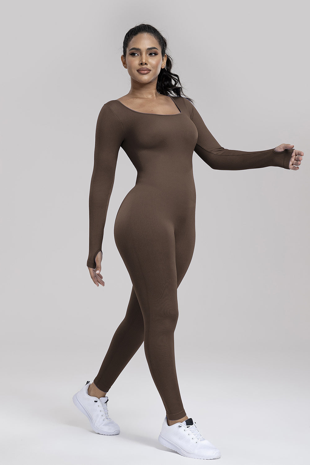 Square Neck Long Sleeve Active Jumpsuit Sunset and Swim   