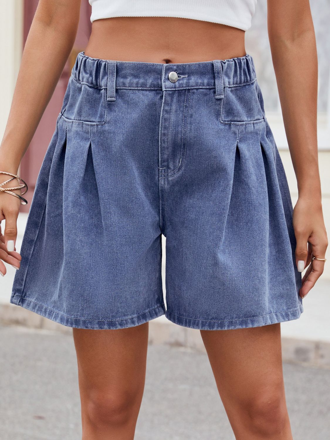 Ruched Half Elastic Waist Denim Shorts Sunset and Swim Dusty Blue S 