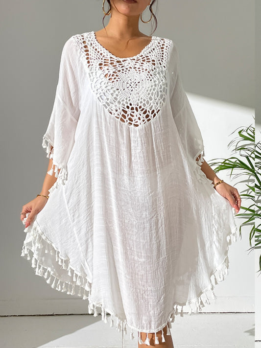 Sunset Vacation  Tassel Cutout Scoop Neck Cover-Up Dress  Sunset and Swim White One Size 