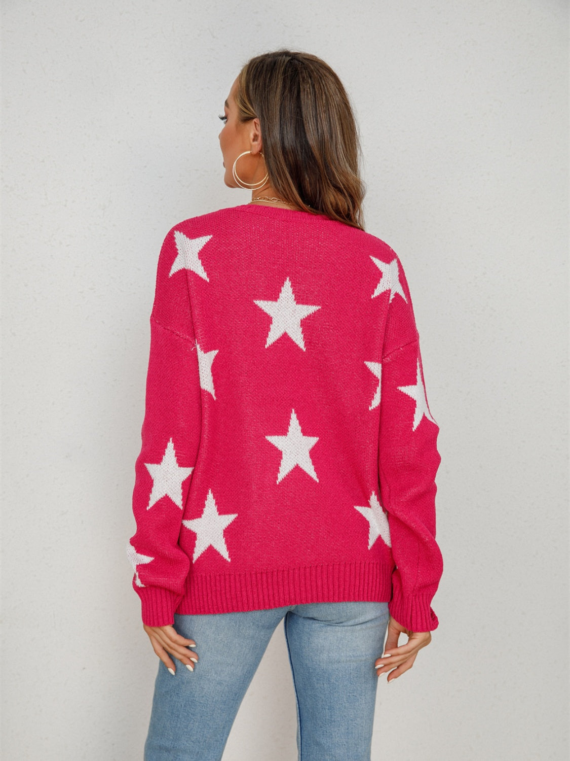 Star Round Neck Dropped Shoulder Sweater Sunset and Swim   