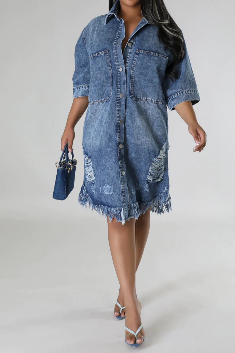 Sunset Vacation  Distressed Raw Hem Button Up Denim Dress Sunset and Swim   