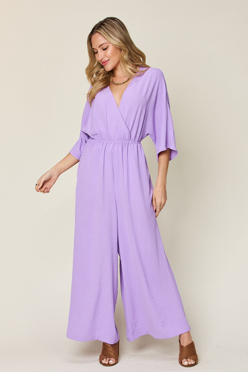 Sunset and Swim  Plus Size Half Sleeve Wide Leg Jumpsuit Sunset and Swim Lavender S 