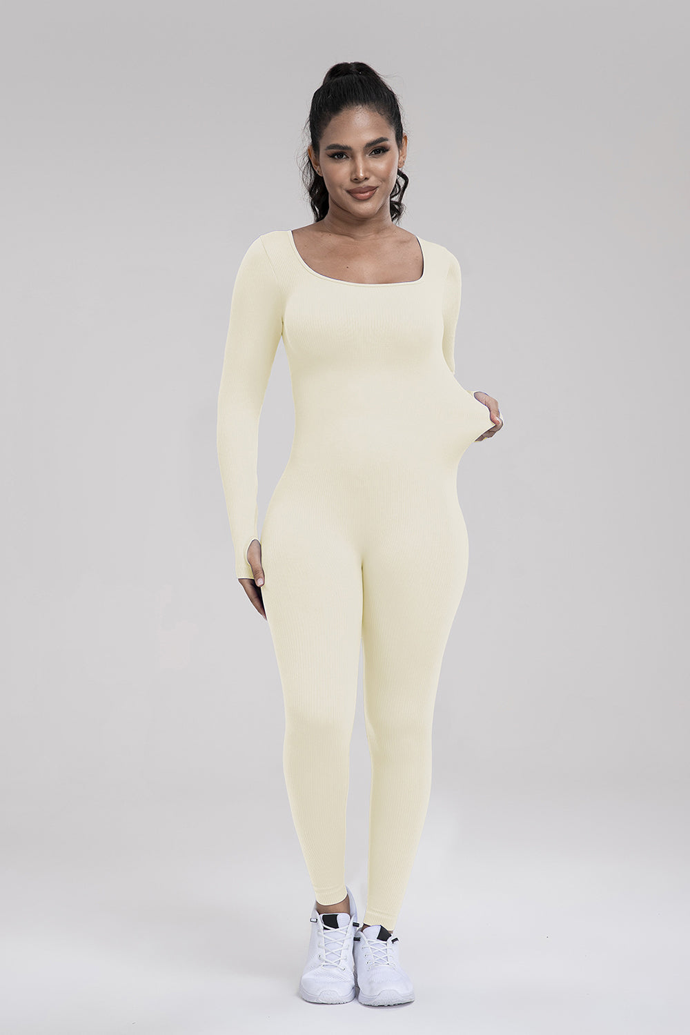 Square Neck Long Sleeve Active Jumpsuit Sunset and Swim   