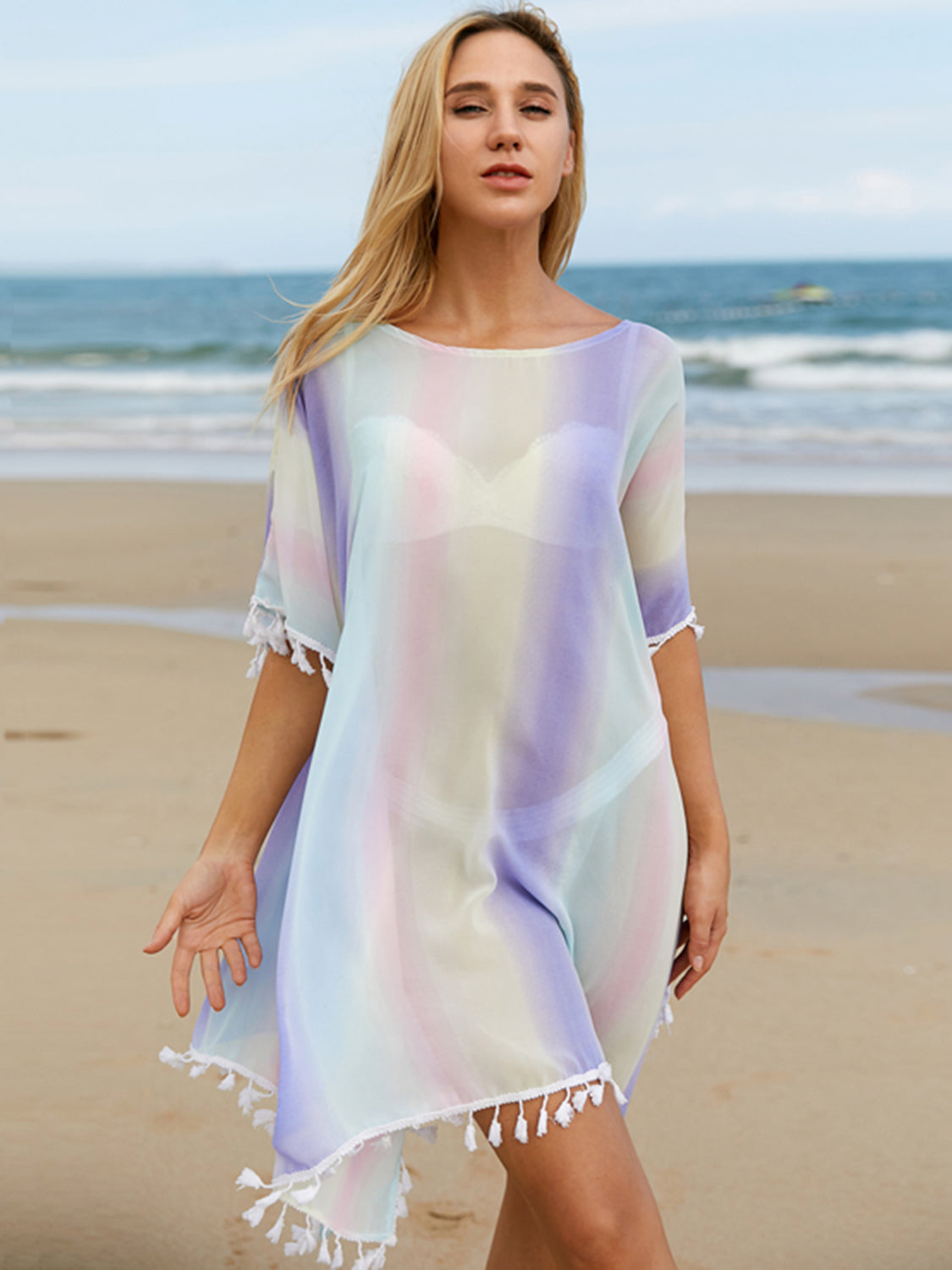 Sunset and Swim  Tassel Boat Neck Half Sleeve Beach Cover Up Sunset and Swim Multi-Color One Size 