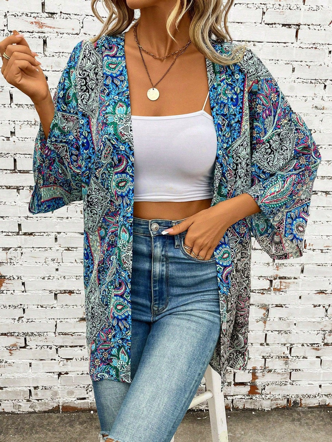 Printed Open Front Three-Quarter Sleeve Cover Up Sunset and Swim   