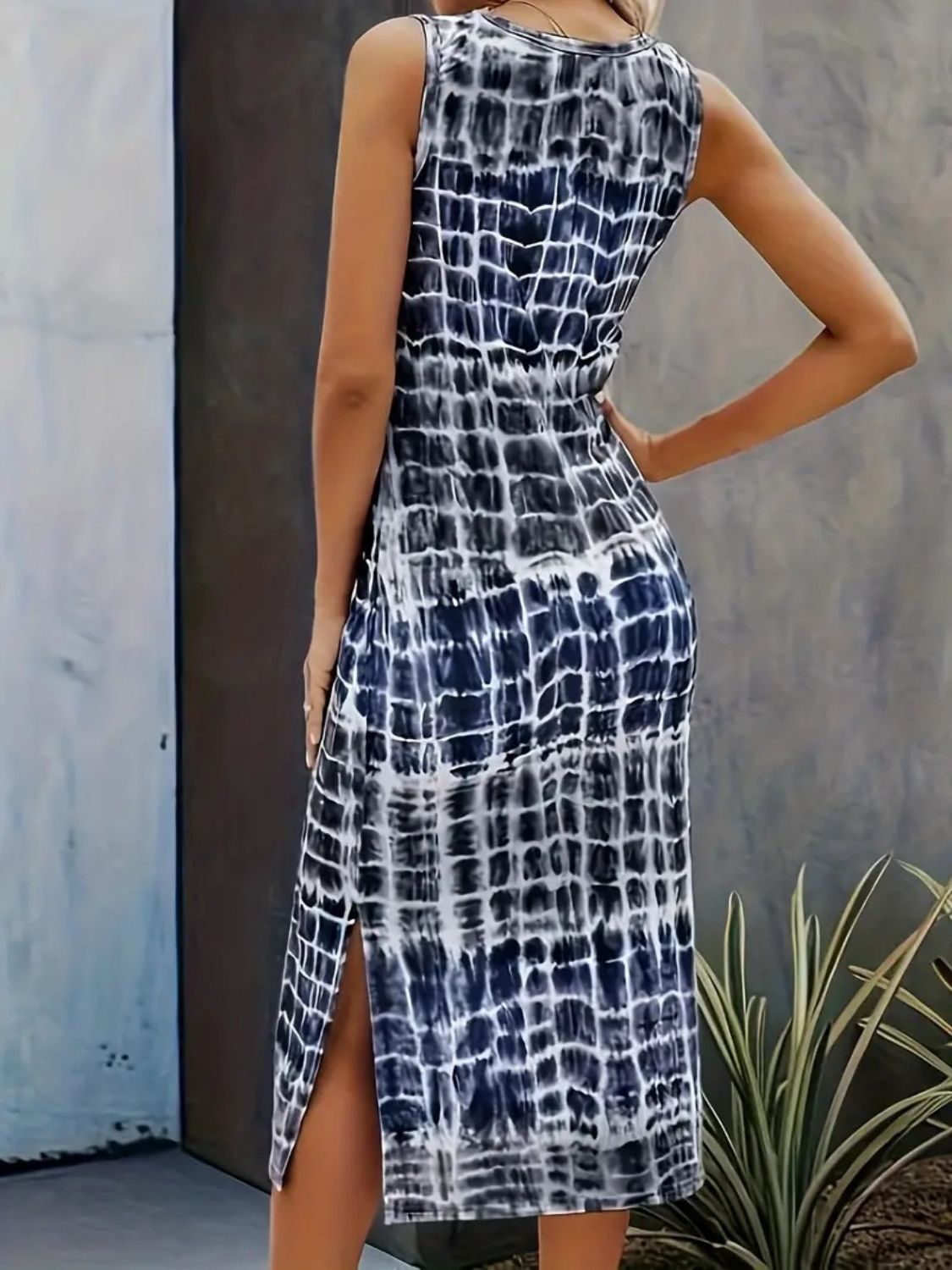 Slit Printed Round Neck Sleeveless Dress Sunset and Swim   