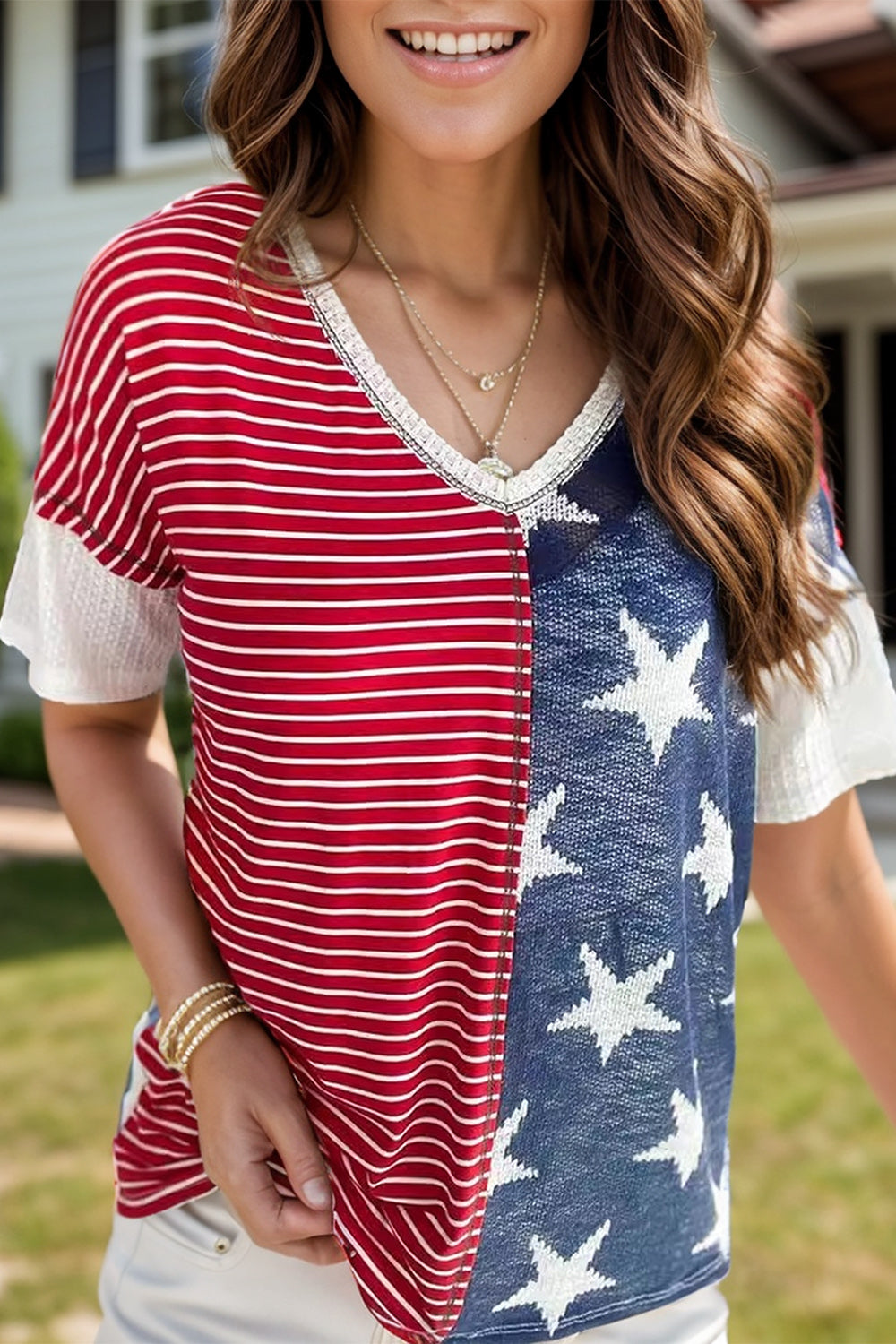 Stars and Stripes American Flag V-Neck Half Sleeve T-Shirt Sunset and Swim   