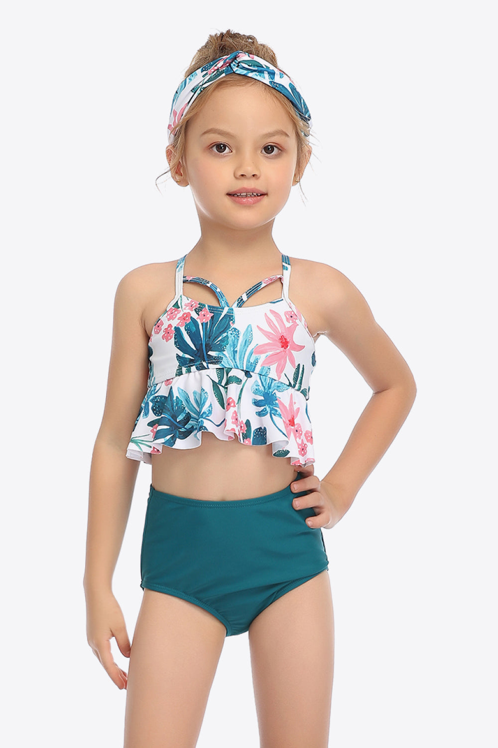 Botanical Print Crisscross Ruffled Two-Piece Swim Set  Sunset and Swim Teal 4T 