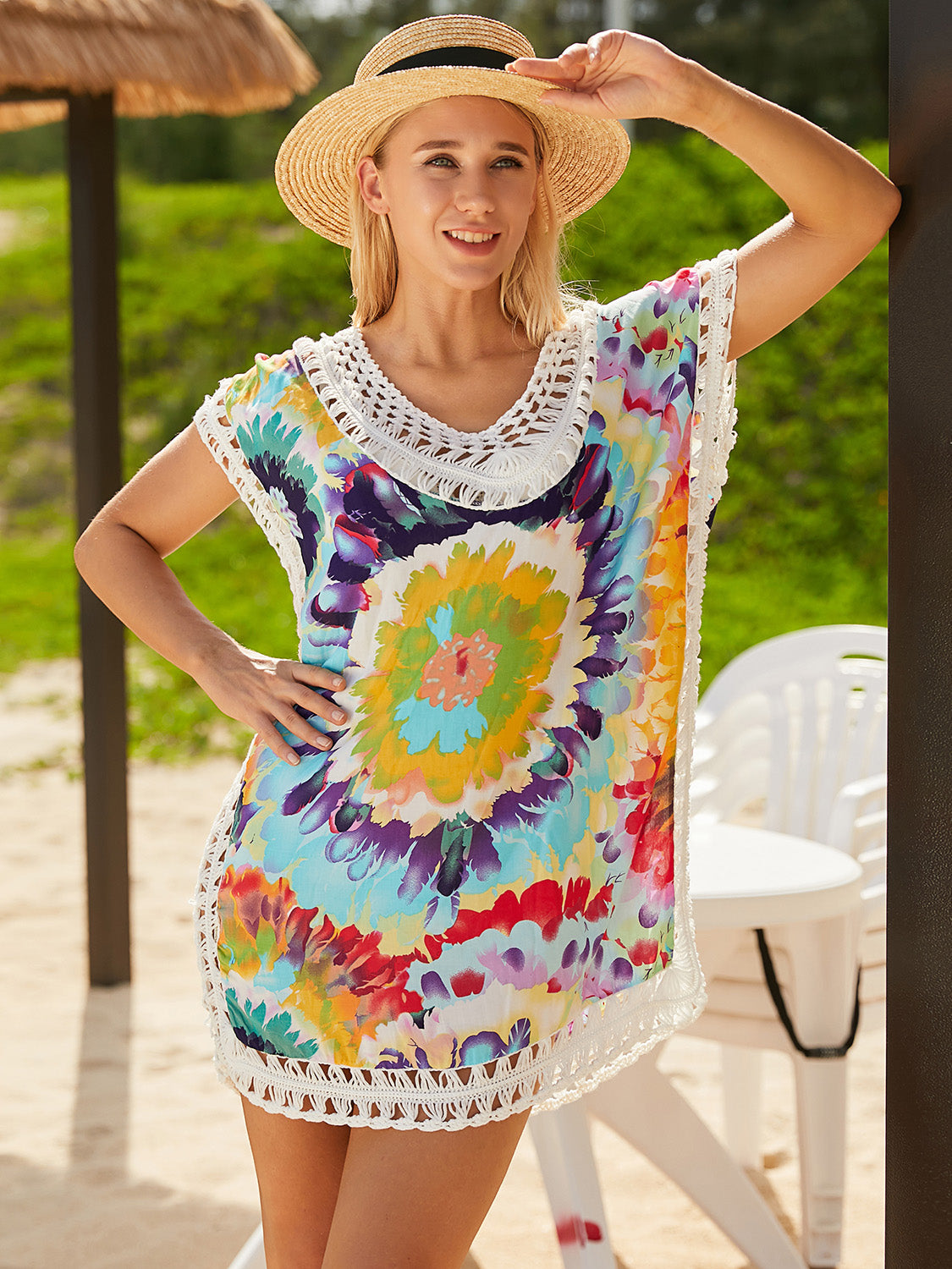 Sunset and Swim  Openwork Printed Round Neck Beach Cover Up Sunset and Swim Yellow One Size 