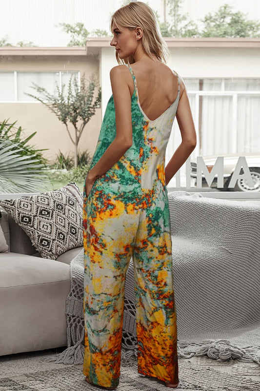 Tie-Dye Spaghetti Strap Jumpsuit with Pockets Sunset and Swim   