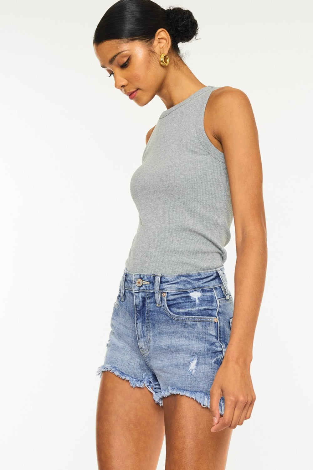 Kancan Distressed Raw Hem Denim Shorts Sunset and Swim   