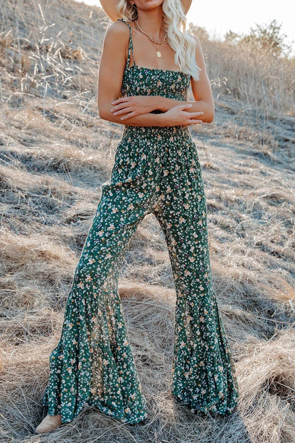 Sunset and Swim  Printed Spaghetti Strap Wide Leg Jumpsuit Sunset and Swim Green S 