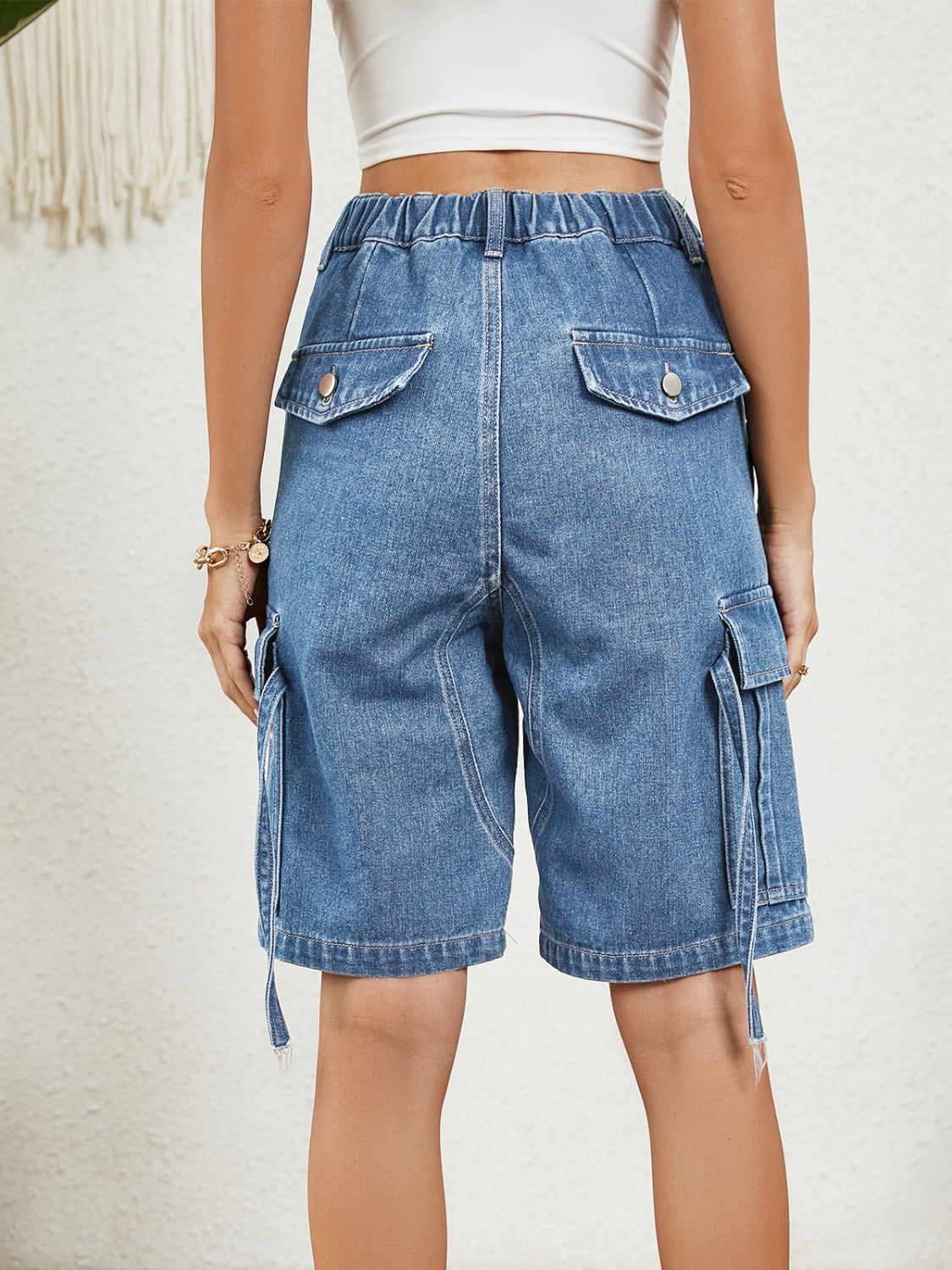 Buttoned Elastic Waist Denim Shorts with Pockets Sunset and Swim   