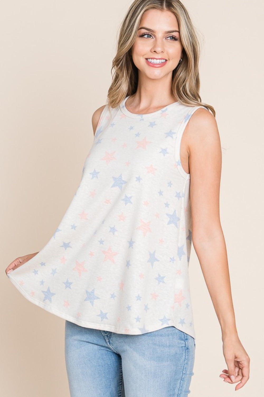 Star Print Round Neck Tank Sunset and Swim   