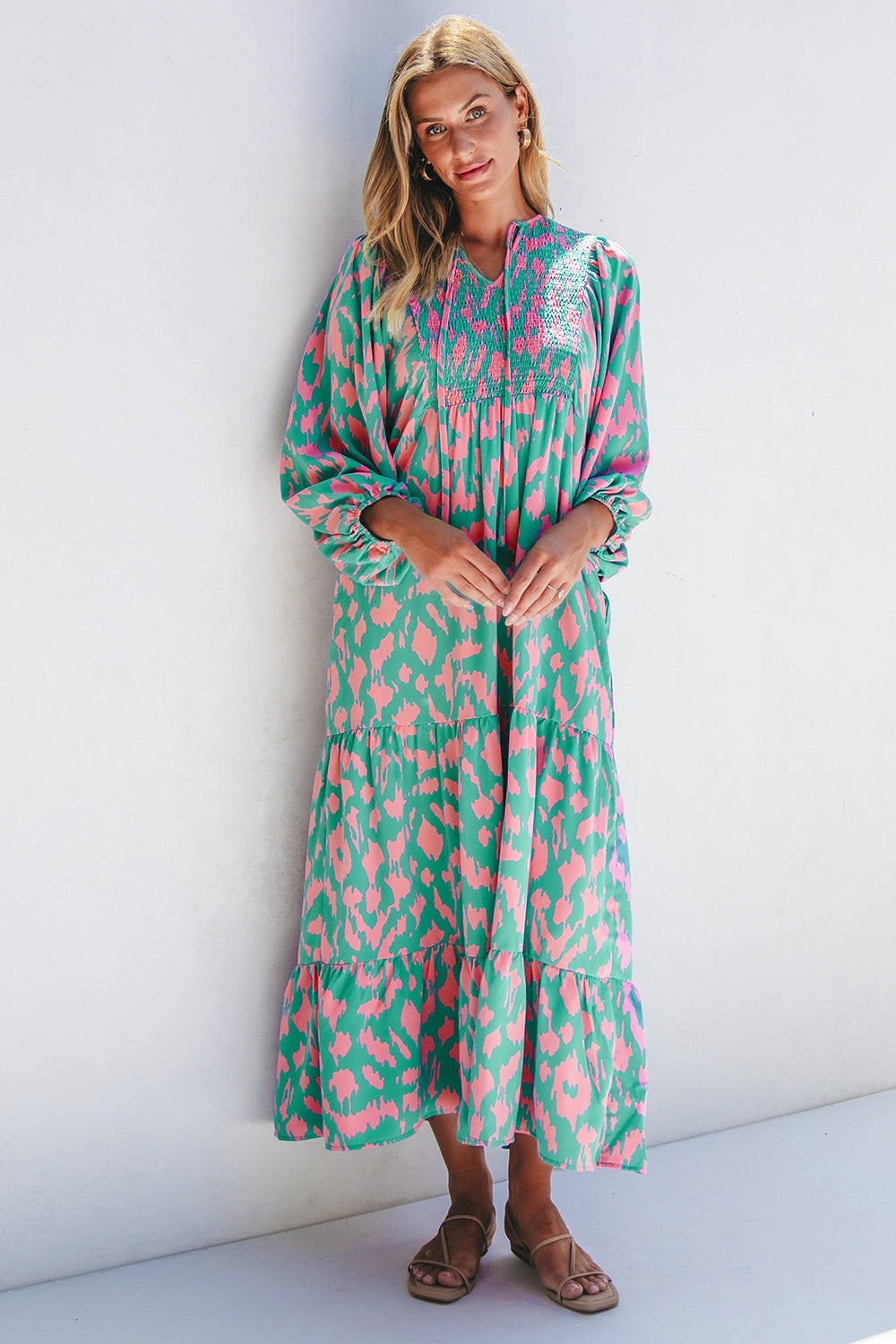 Smocked Printed Tie Neck Long Sleeve Dress Sunset and Swim   