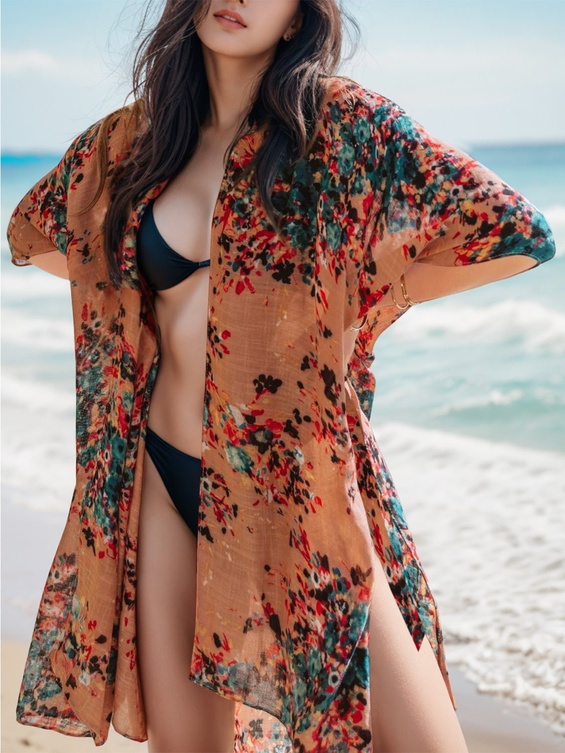 Sunset Vacation  Printed Open Front Cover-Up  Sunset and Swim Burnt Coral One Size 