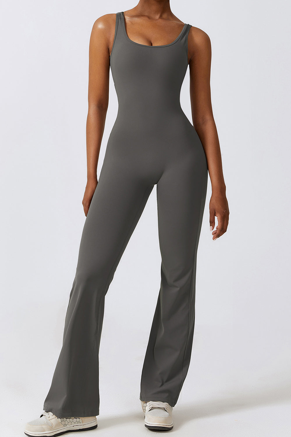 Sunset and Swim  Cutout Ruched Bootcut Sleeveless Active Jumpsuit  Sunset and Swim Charcoal S 