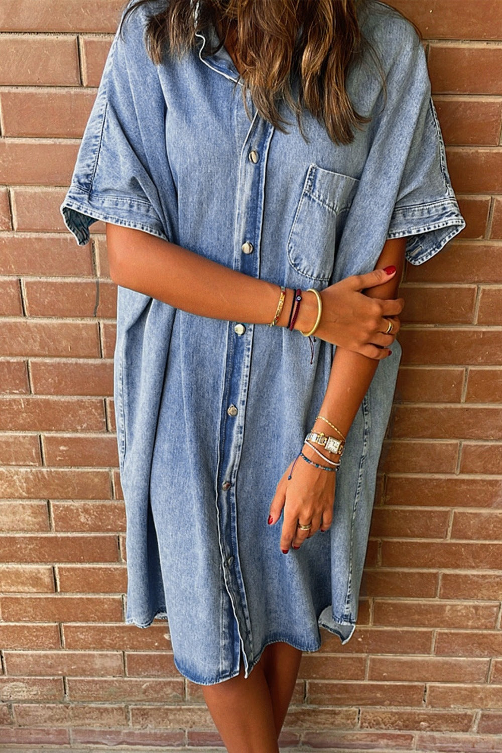 Pocketed Button Up Half Sleeve Denim Dress Sunset and Swim Medium S 