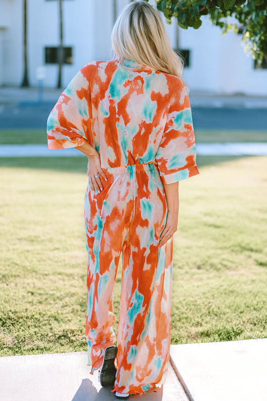 Tie-Dye Collared Wide Leg Jumpsuit  Sunset and Swim   