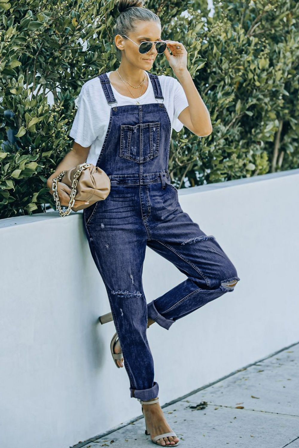 Pocketed Distressed Denim Overalls Sunset and Swim   