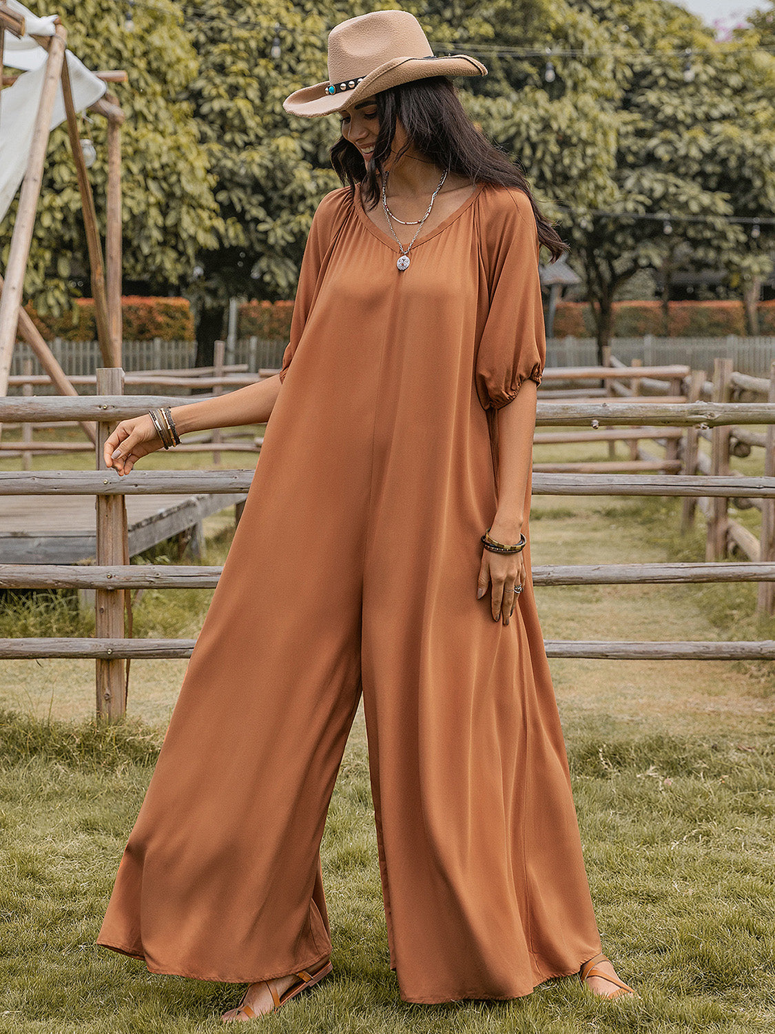 Scoop Neck Half Sleeve Wide Leg Jumpsuit Sunset and Swim Caramel S 