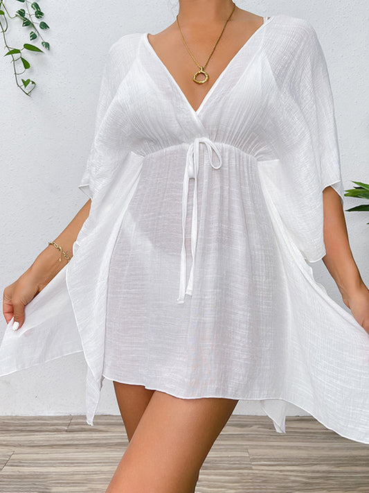 Sunset Vacation  Tied Surplice Half Sleeve Beach Cover Up  Sunset and Swim White One Size 
