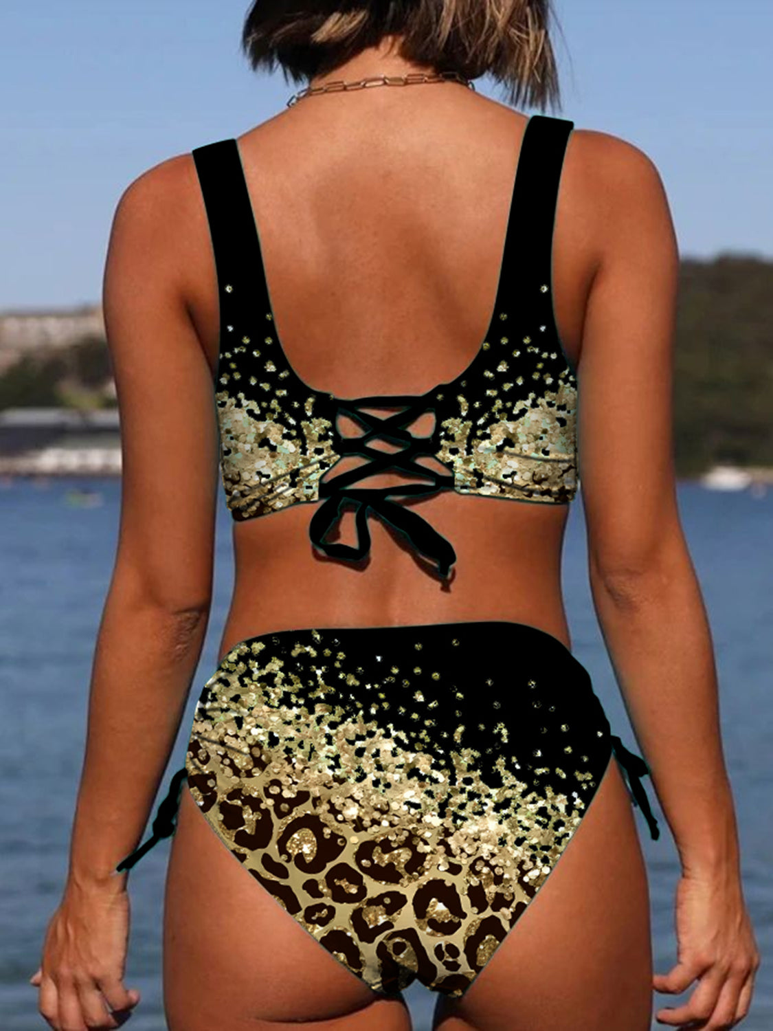 Sunset Vacation  Lace-Up Printed Wide Strap Bikini Set  Sunset and Swim   
