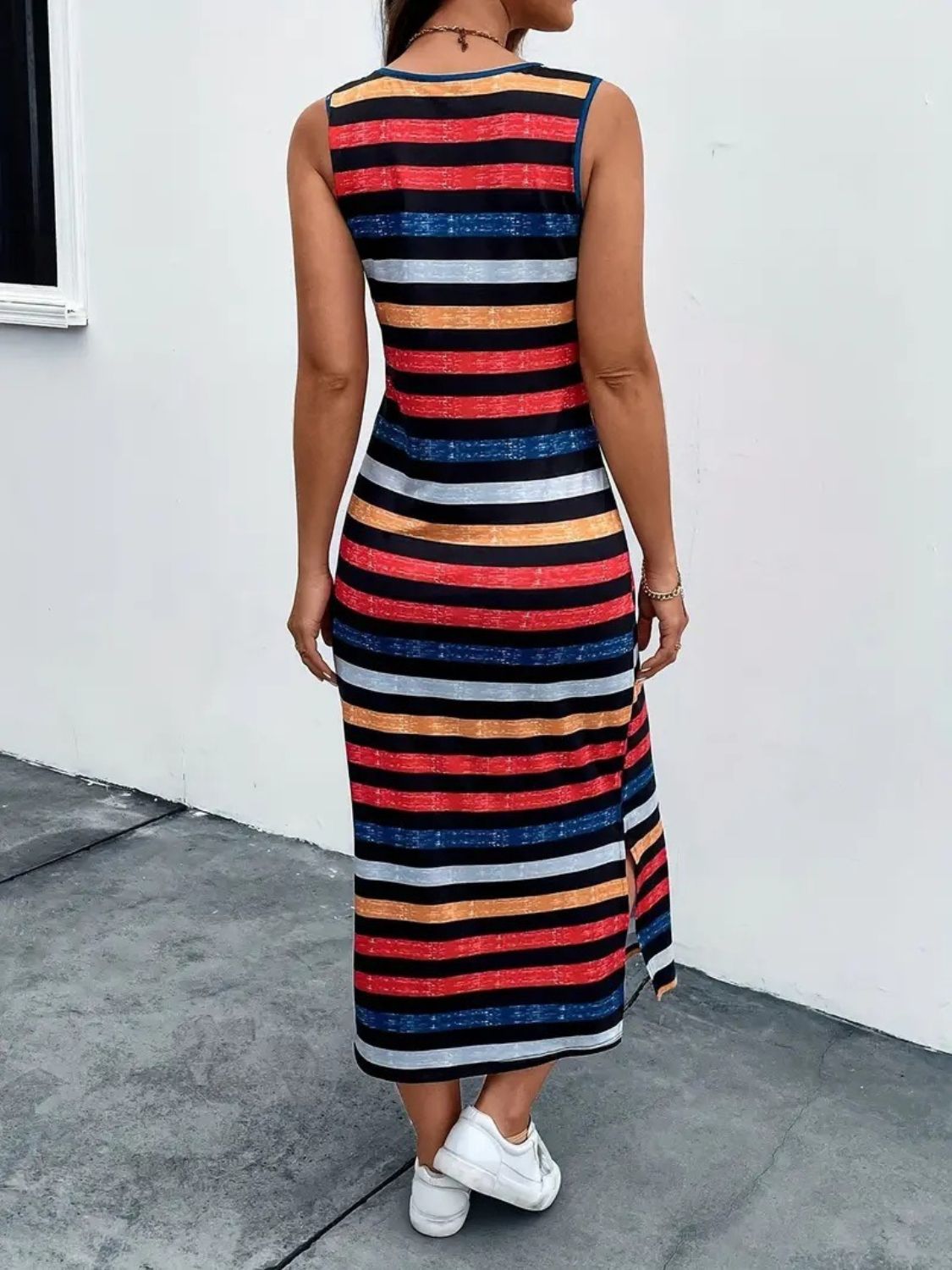 Slit Printed Round Neck Sleeveless Dress Sunset and Swim   