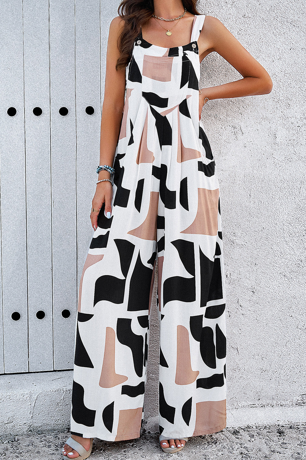 Printed Wide Strap Jumpsuit with Pockets Sunset and Swim White S 