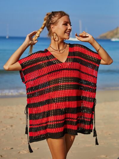Sunset Vacation  Tassel Openwork Striped V-Neck Cover Up Sunset and Swim Black One Size 