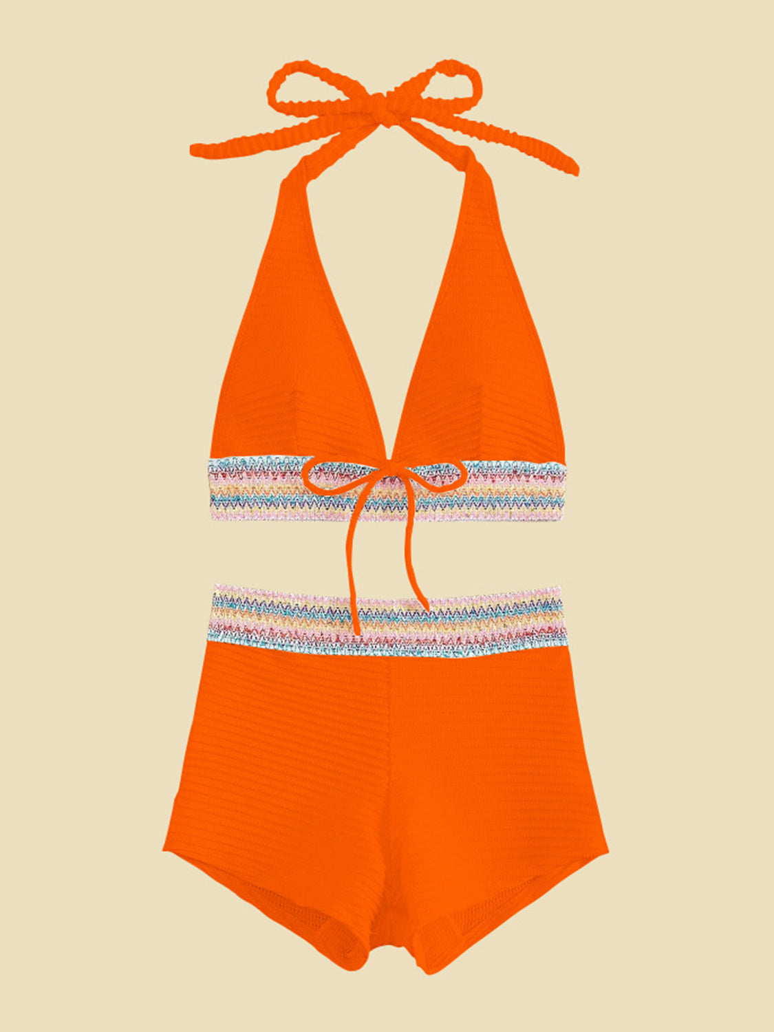 Sunset Vacation  Backless Textured Halter Neck Two-Piece Swim Set Sunset and Swim   